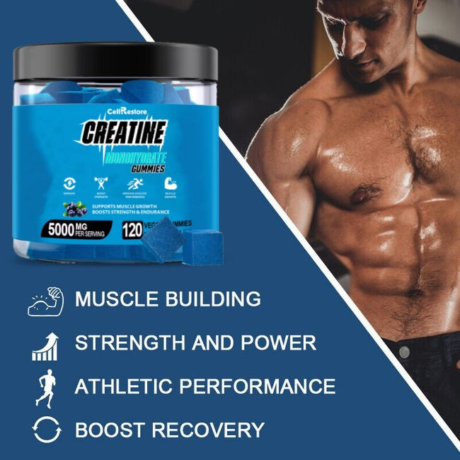 CellRestore Creatine Monohydrate Gummies for Men & Women-5g of Creatine Monohydrate per Serving- Help Increase Strength and Build Muscle,Blueberry Flavor, 120 Count