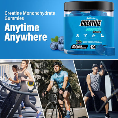 CellRestore Creatine Monohydrate Gummies for Men & Women-5g of Creatine Monohydrate per Serving- Help Increase Strength and Build Muscle,Blueberry Flavor, 120 Count